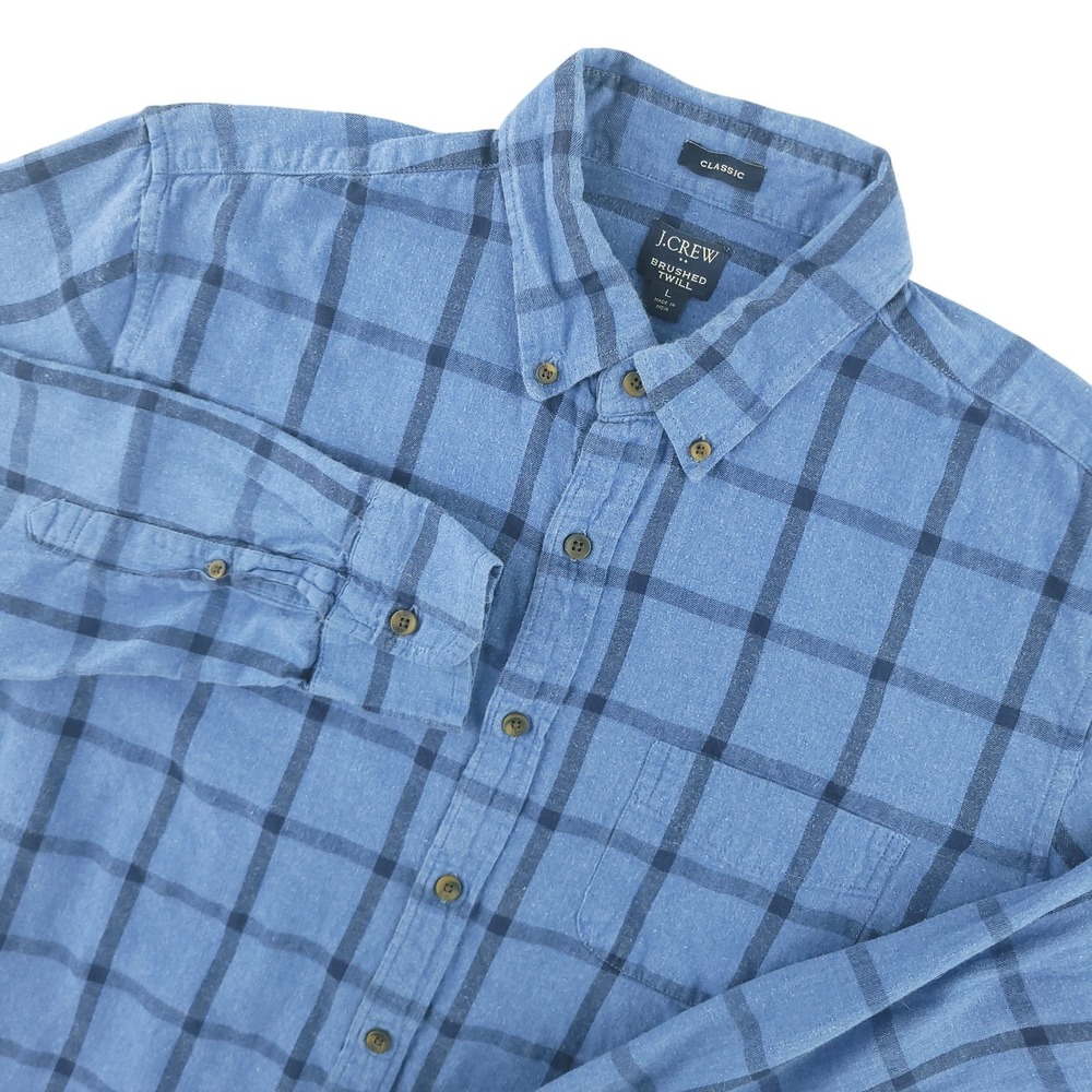 J.Crew Shirt Mens L Blue Plaid Long Sleeve Brushed Twill Button Down Classic Fit